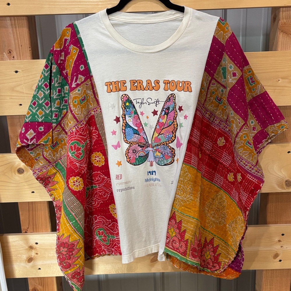 Upcycled TAYLOR SWIFT THE ERA TOUR T w/ Kantha sleeves, by Susie.